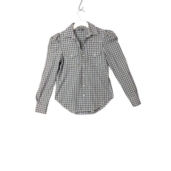 GREYSN Womens Button Top SZ S Pearl Snaps Check Plaid‎ Ruffle Prairie Western - Picture 1 of 12